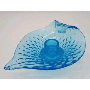 Vtg Turquoise Blue Glass Candleholder Leaf Shaped Diamond Pattern